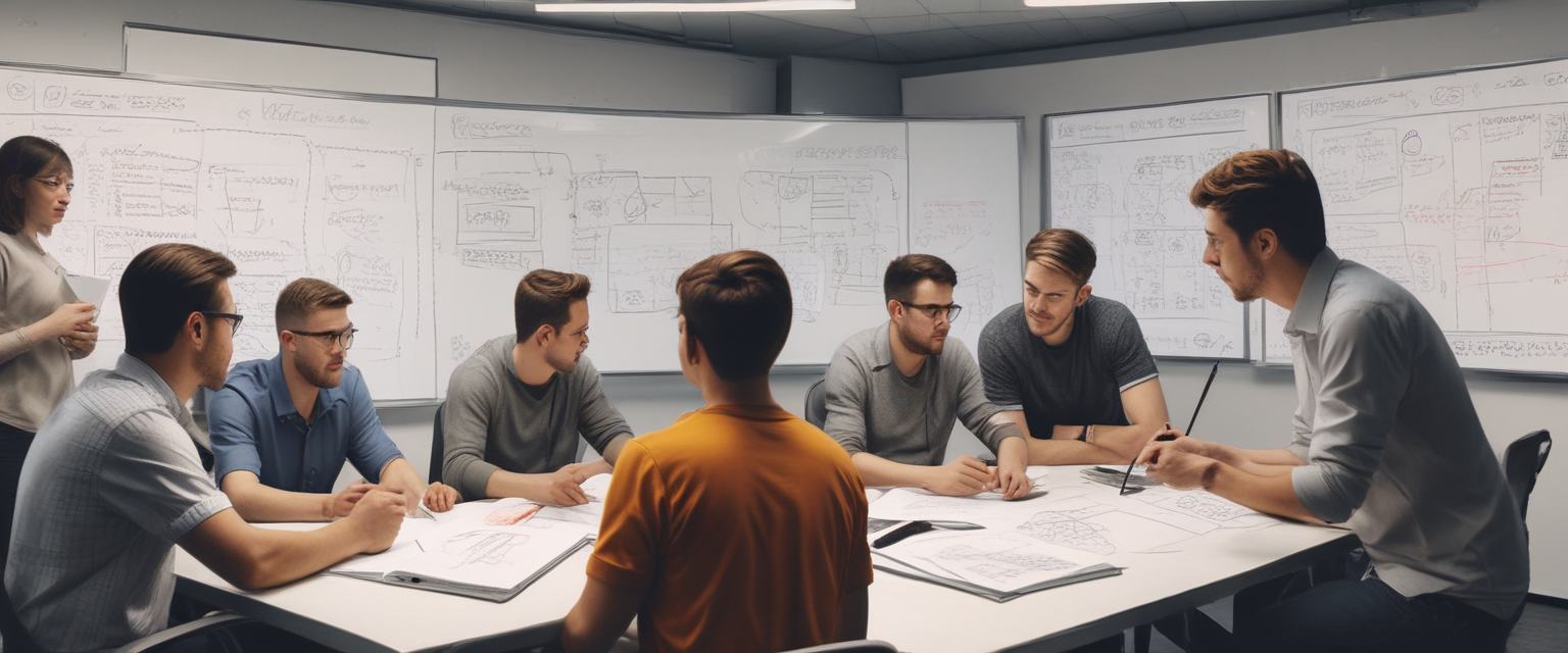 Team of software consultants discussing architecture on a whiteboard